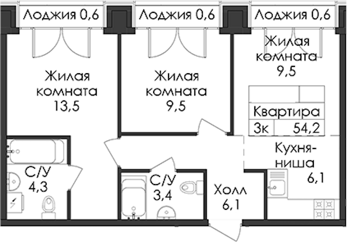 2-комнатная квартира 54.2 м², 9/9 эт., ЖК «Лермонтовский 54»